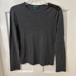 Lauren Ralph Lauren M Gray Ribbed‎ Top Faux Suede Accent Dark Academia Old Money